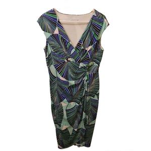 London Times blue, green,black,white  tropical dress ruched on the side V-neck